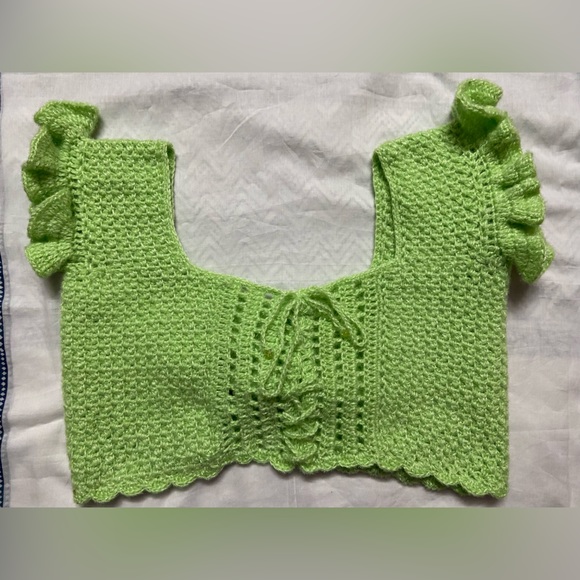 Crocheted Woolen Crop Top (Choli Type) For Woman - Size 38, Apple Green - Picture 7 of 10